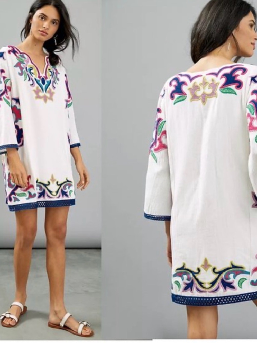 Anthropologie Maeve White Tunic with Bright Multicolor Embroidery